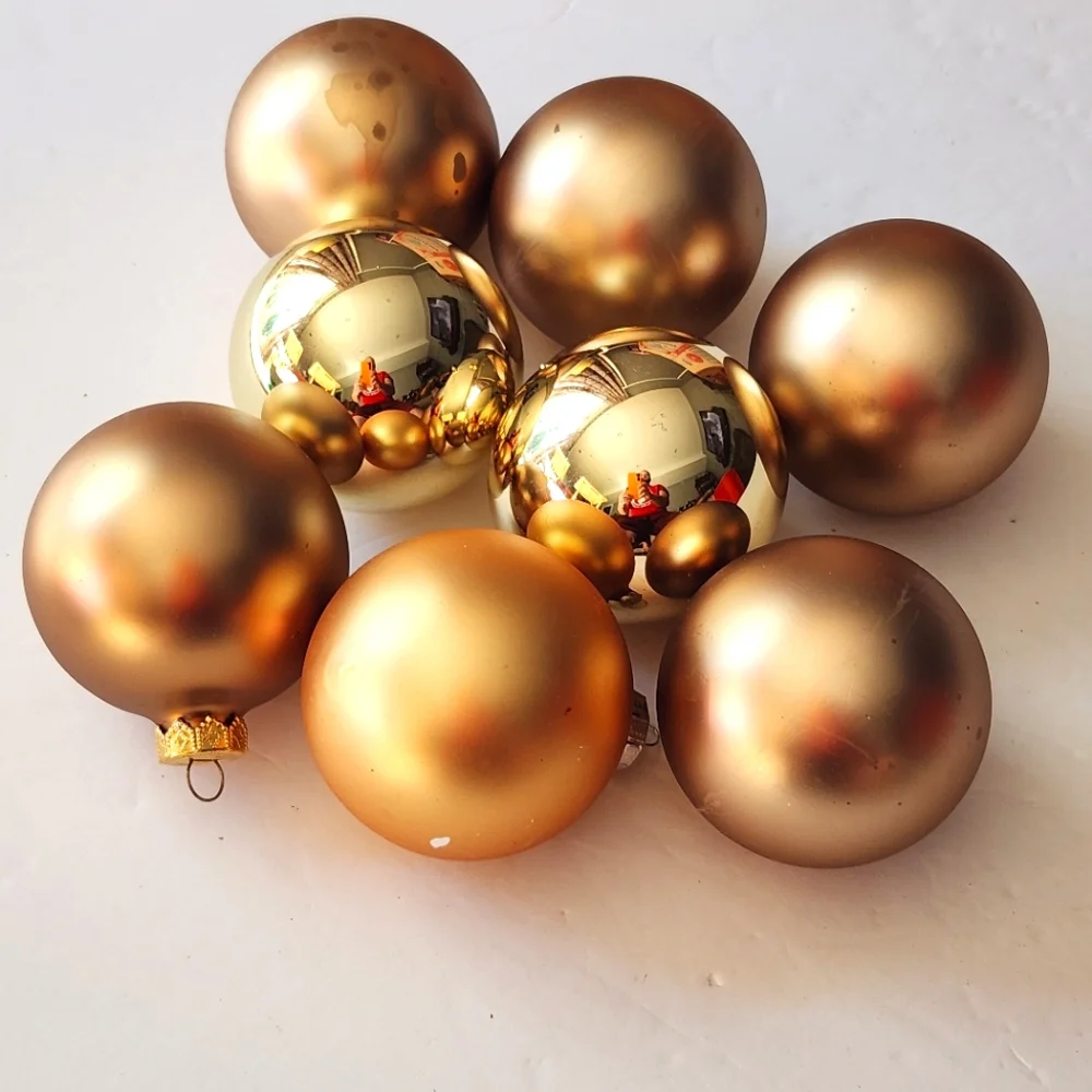 8 Shiny and Matte Gold Glass Christmas Ornaments